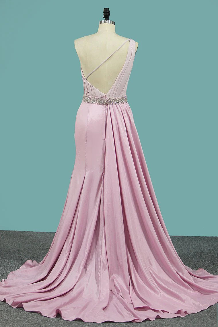 Party Dresses One Shoulder A Line  Satin Zipper Up With Beaded Belt